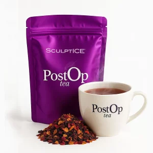 SculptICE® Post Op Tea package with a steaming cup of tea and loose herbal blend for post-surgery recovery.